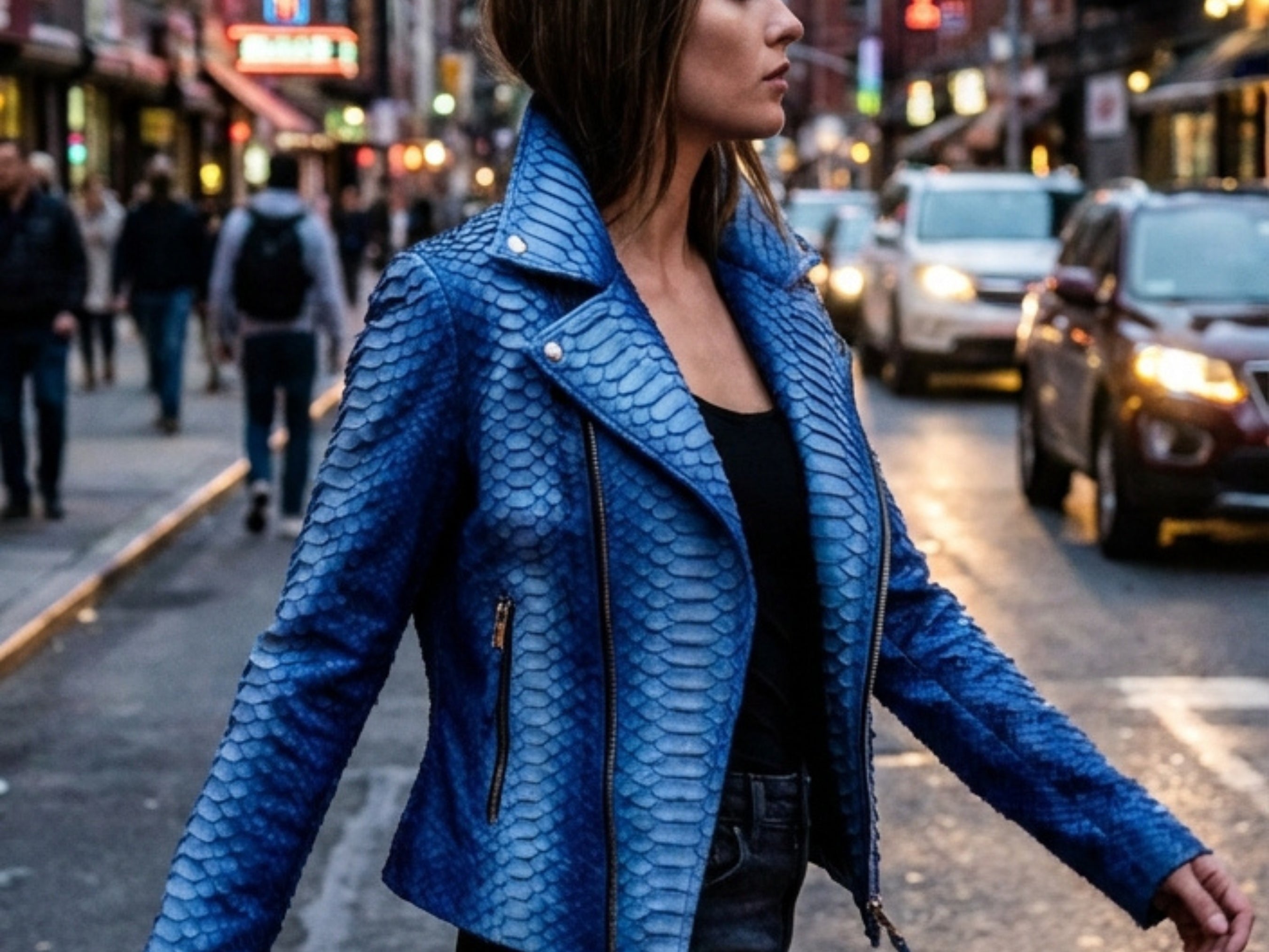 Blue python snakeskin biker jacket with asymmetric zip front and slanted pockets
