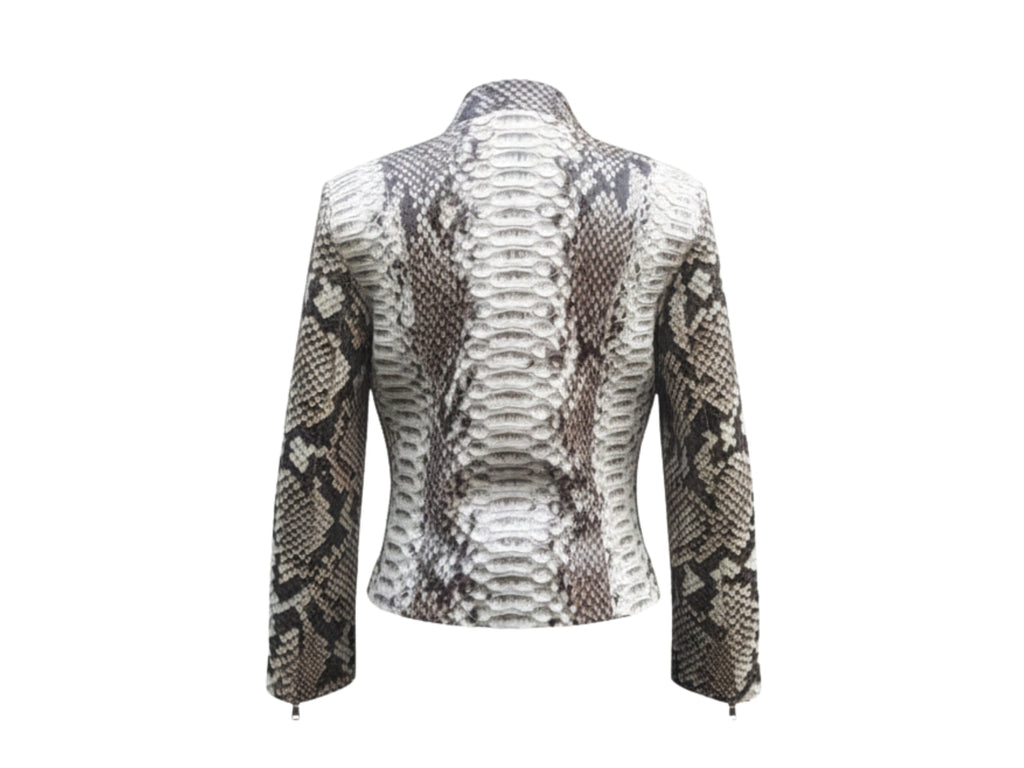 Women’s gray python-skin biker jacket, back view with stand collar