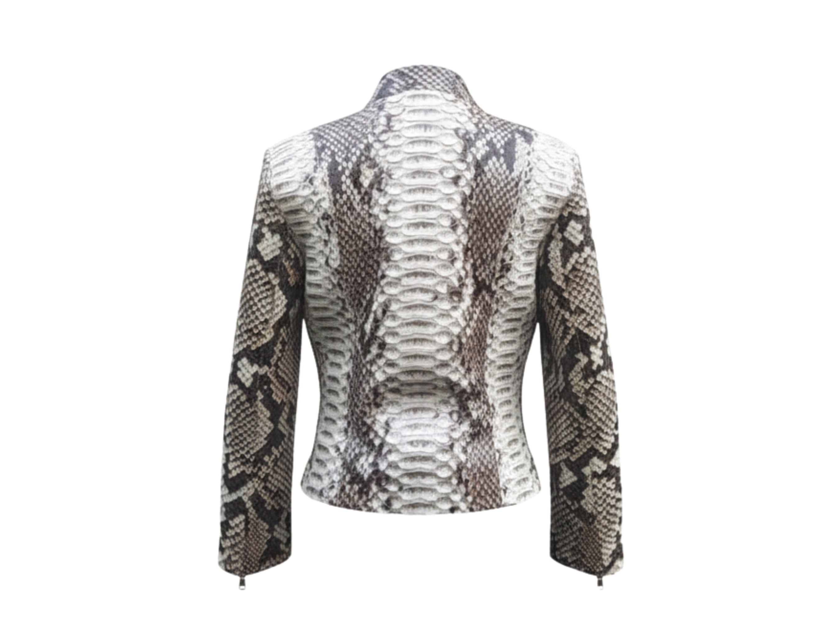 Women’s gray python-skin biker jacket, back view with stand collar