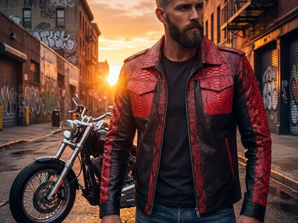 Red snakeskin-style jacket with black leather front panels and zipper, worn with dark shirt