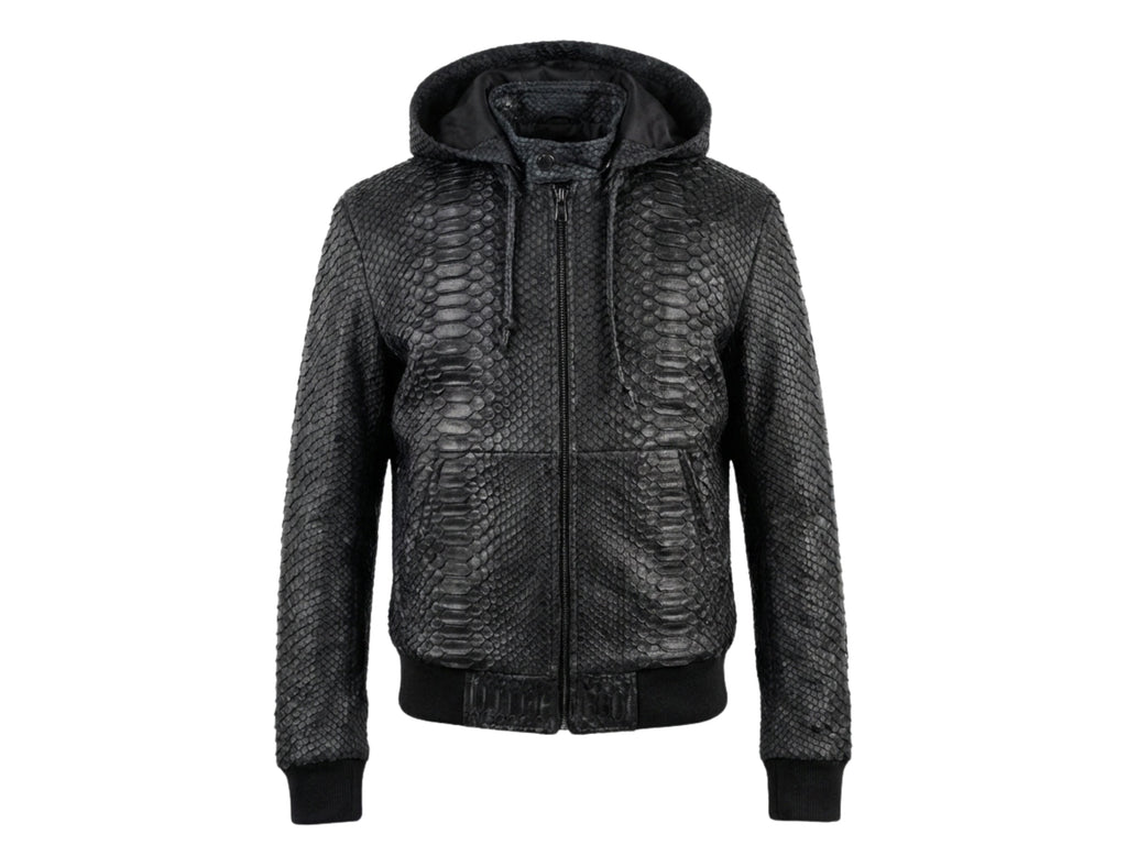 Python snakeskin hoodie bomber jacket, front view with hood and ribbed cuffs, full-zip