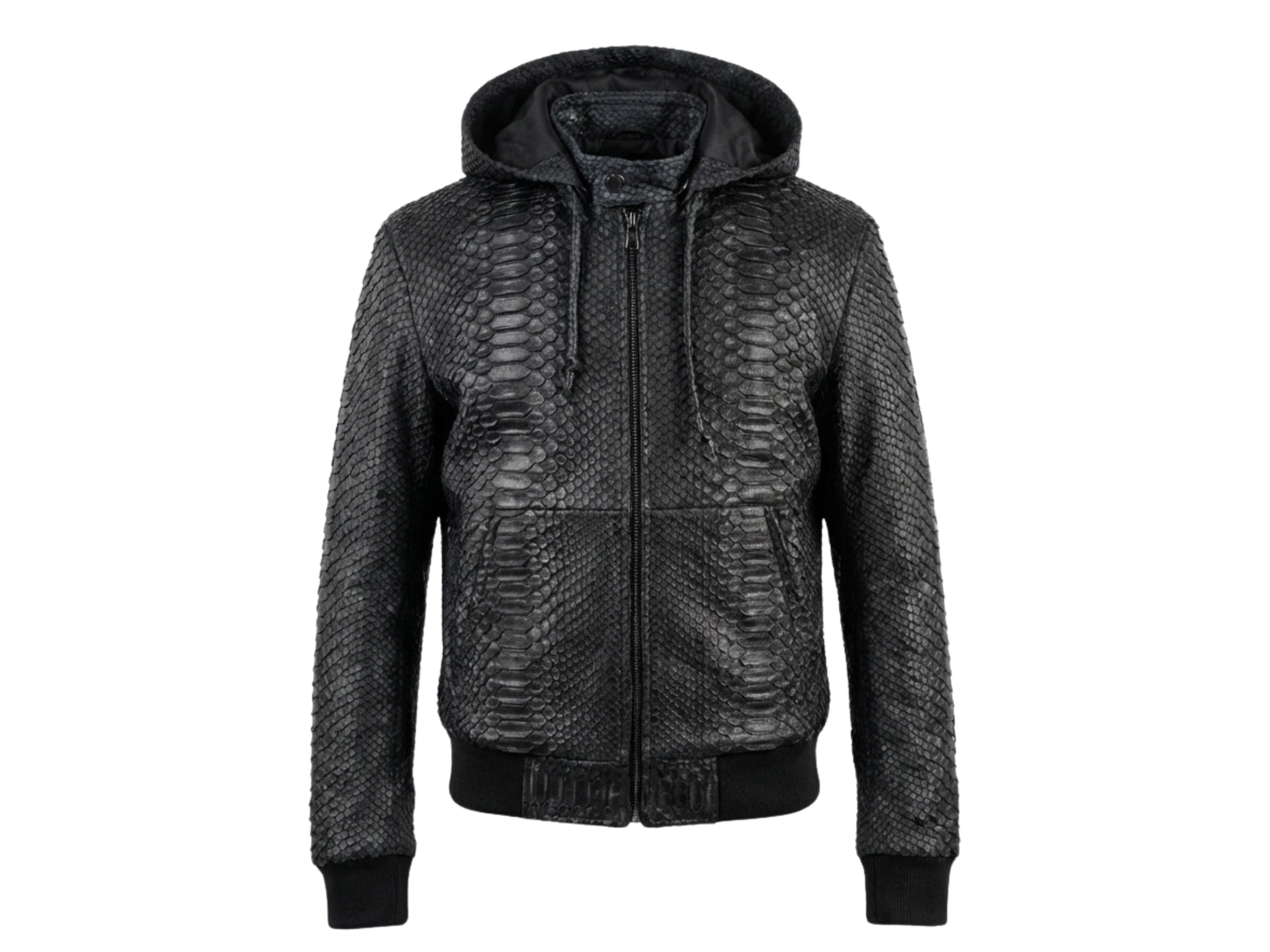 Python snakeskin hoodie bomber jacket, front view with hood and ribbed cuffs, full-zip