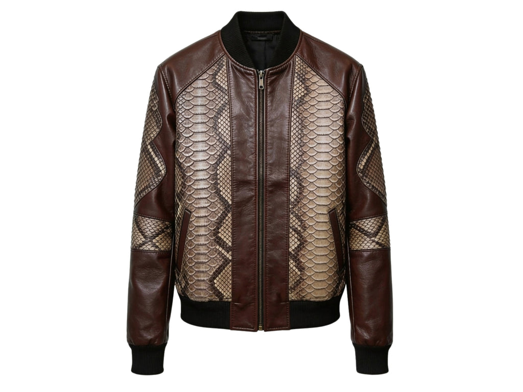 Men's bomber jacket with dark brown leather sleeves, snakeskin front panels, zip-up closure.