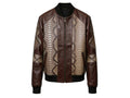 Men's bomber jacket with dark brown leather sleeves, snakeskin front panels, zip-up closure.