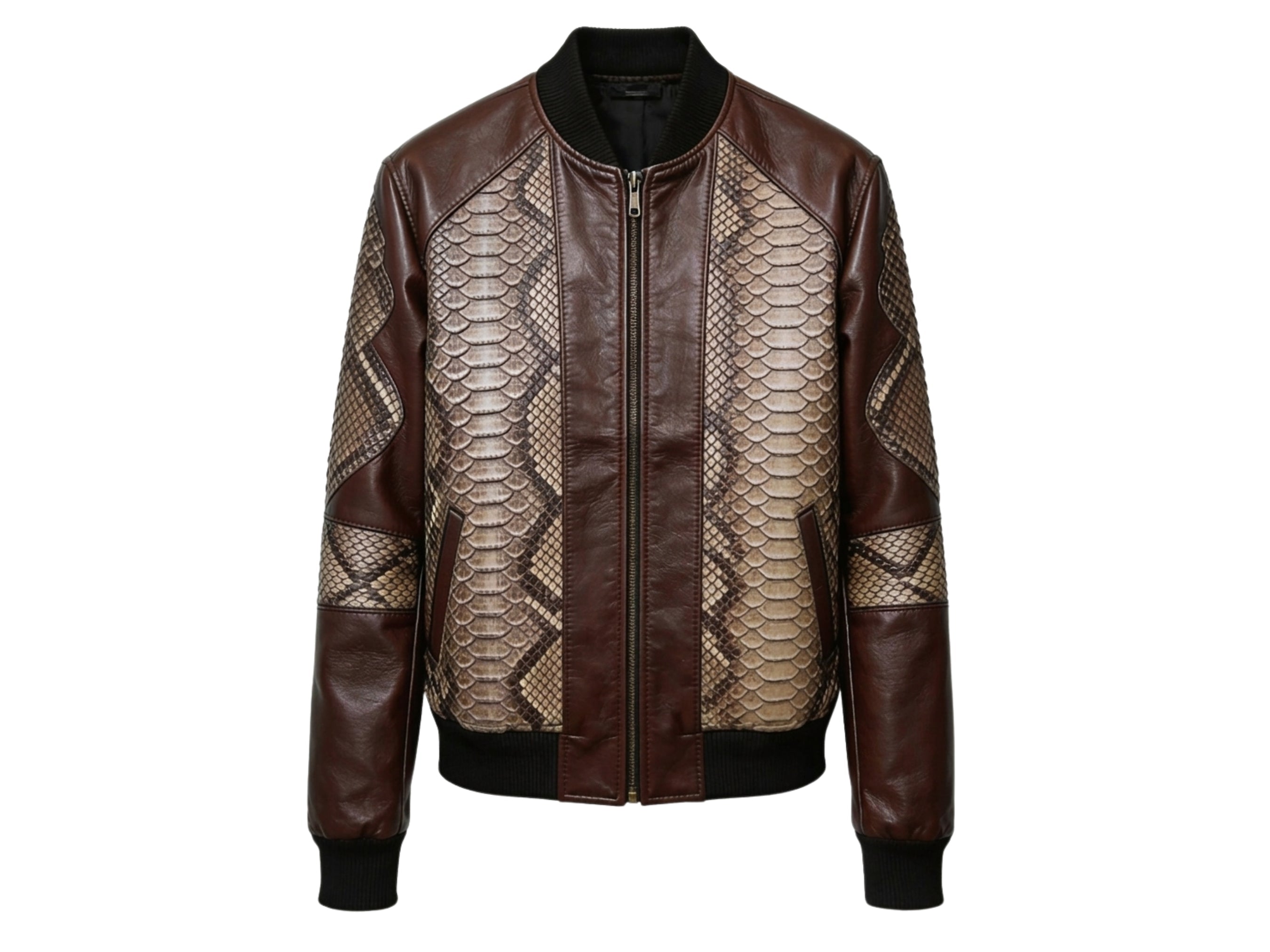 Men's bomber jacket with dark brown leather sleeves, snakeskin front panels, zip-up closure.
