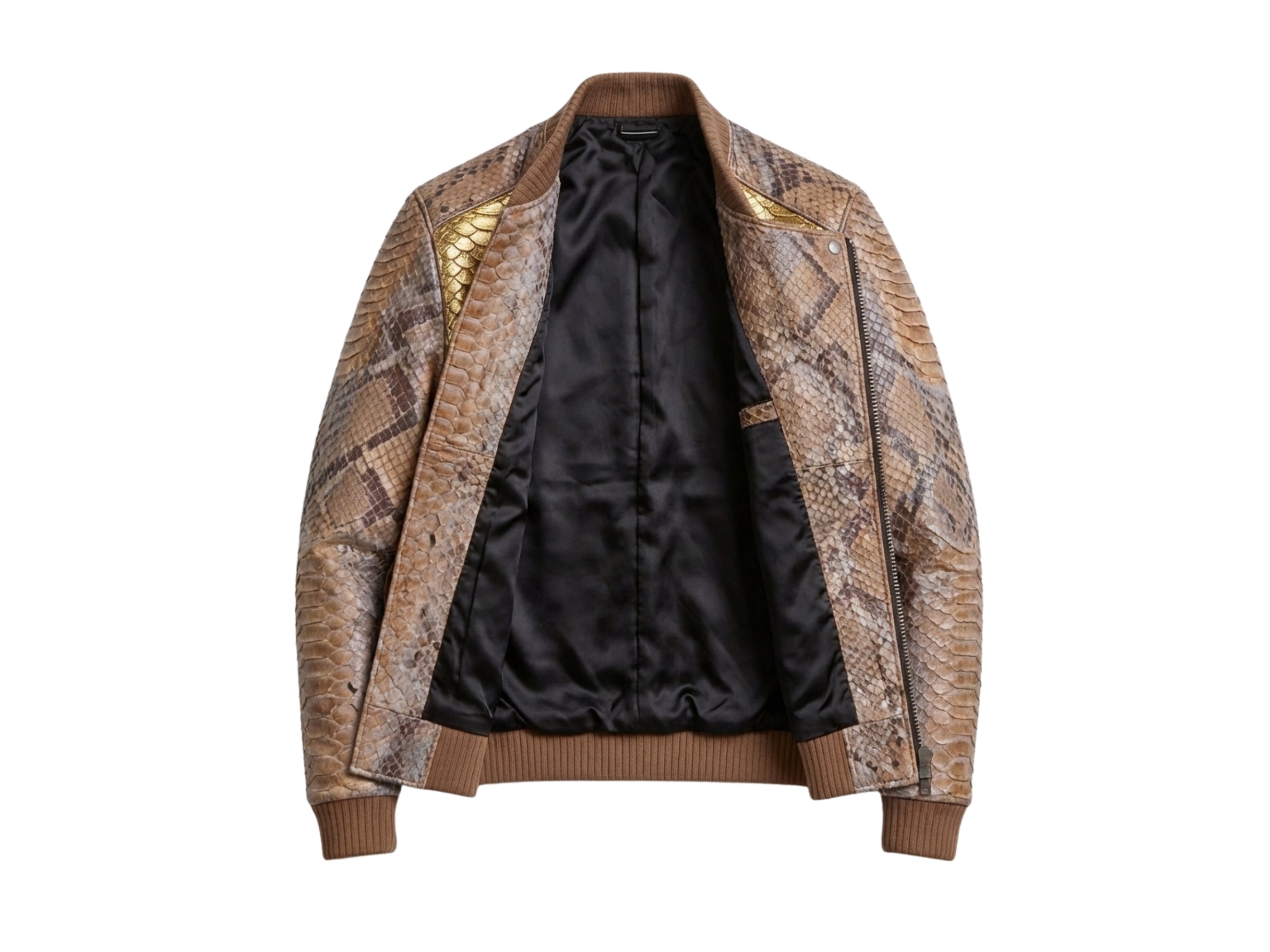Snakeskin-look biker jacket with black satin lining visible at the open front
