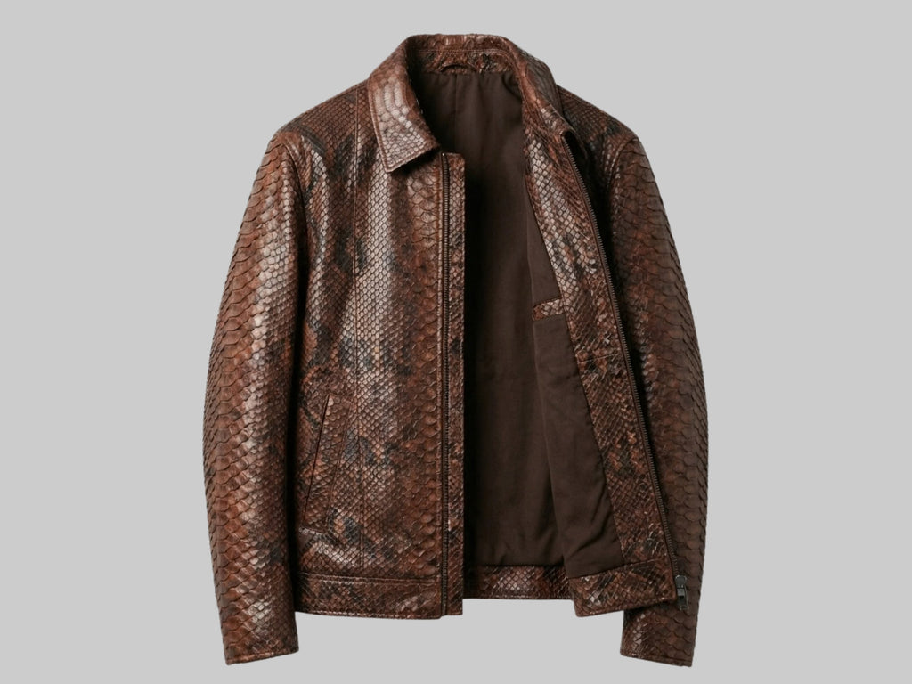 Brown python snakeskin jacket with zip front, open showing dark inner lining