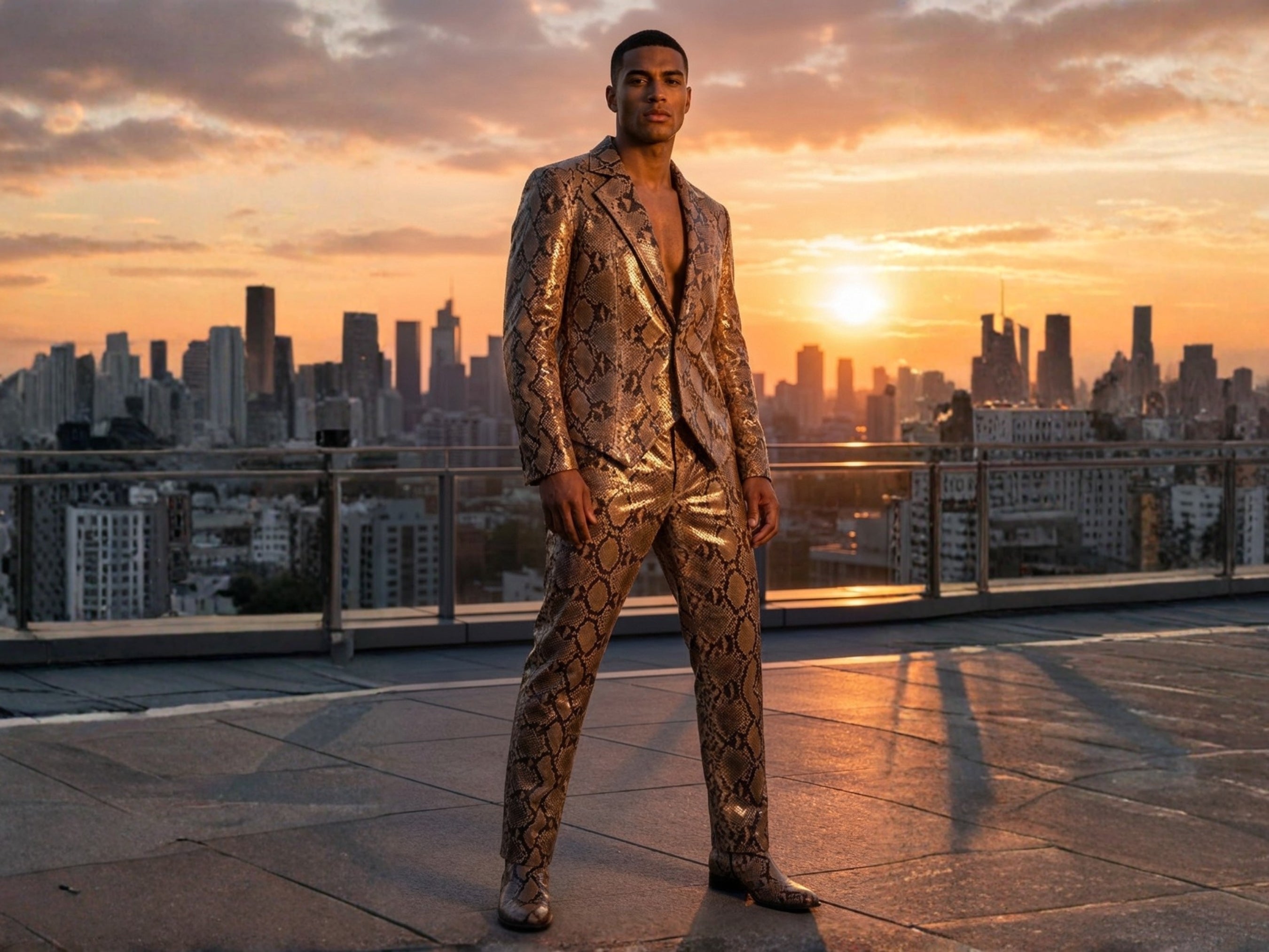 Brown python snakeskin suit set with blazer and matching pants, full-body view