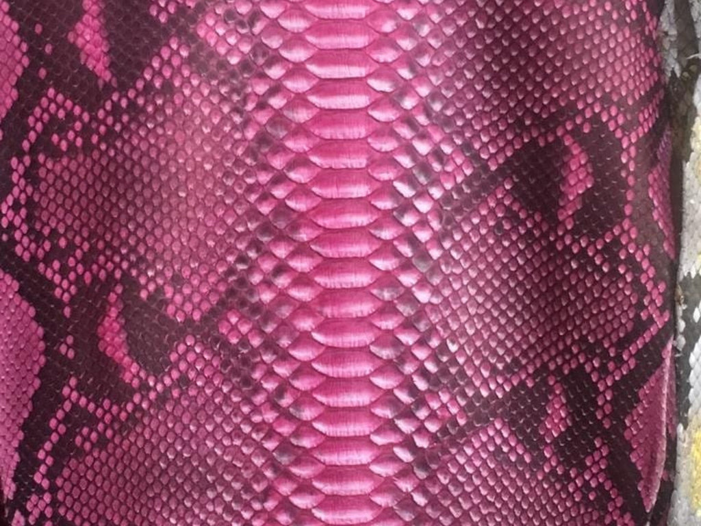 Close-up of pink burgundy snakeskin leather pattern texture with dark scales