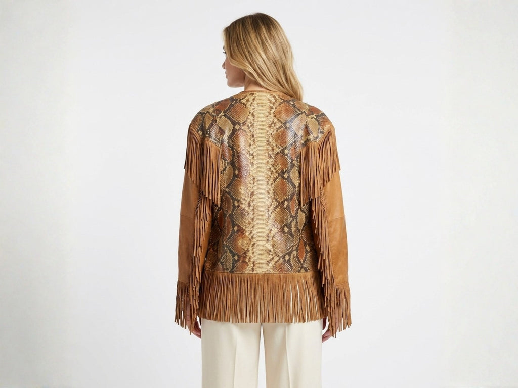 Back view of brown suede cape jacket with snakeskin-patterned center and fringe