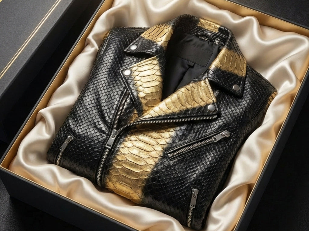 Men's black and gold python-print biker jacket with multiple zip pockets and lapel collar