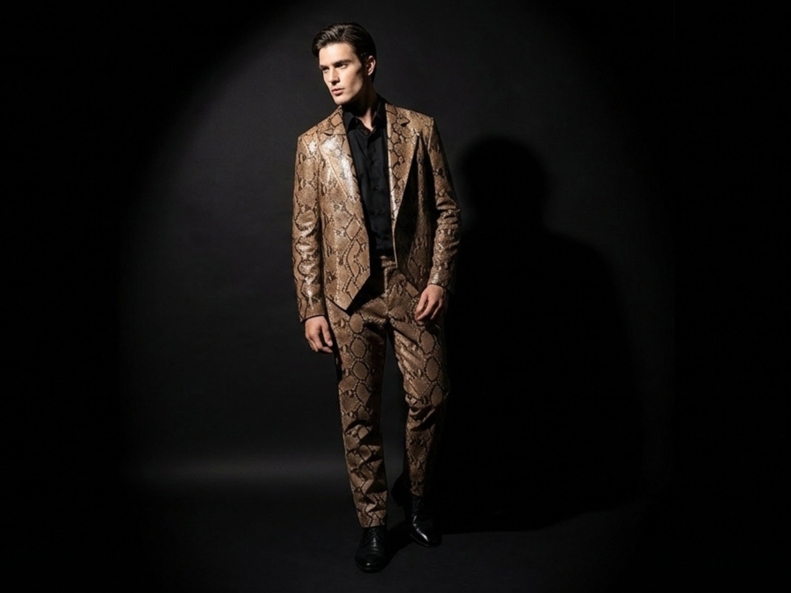 Men's brown python snakeskin suit set with blazer and matching pants
