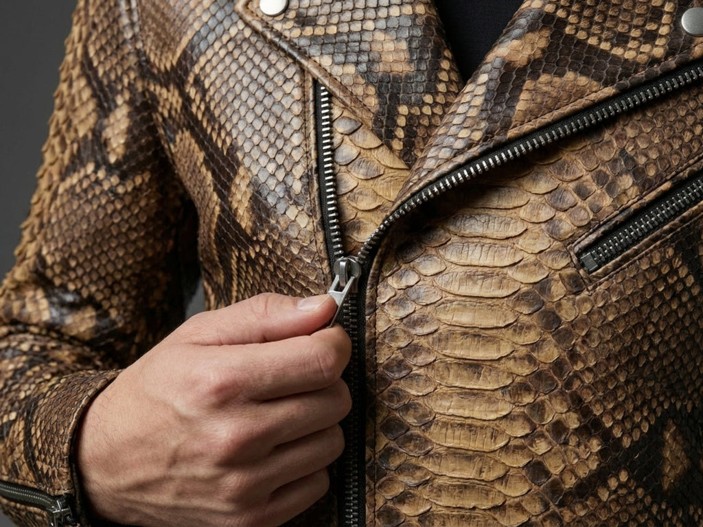 Close-up of natural brown snakeskin leather jacket zipper and textured panel