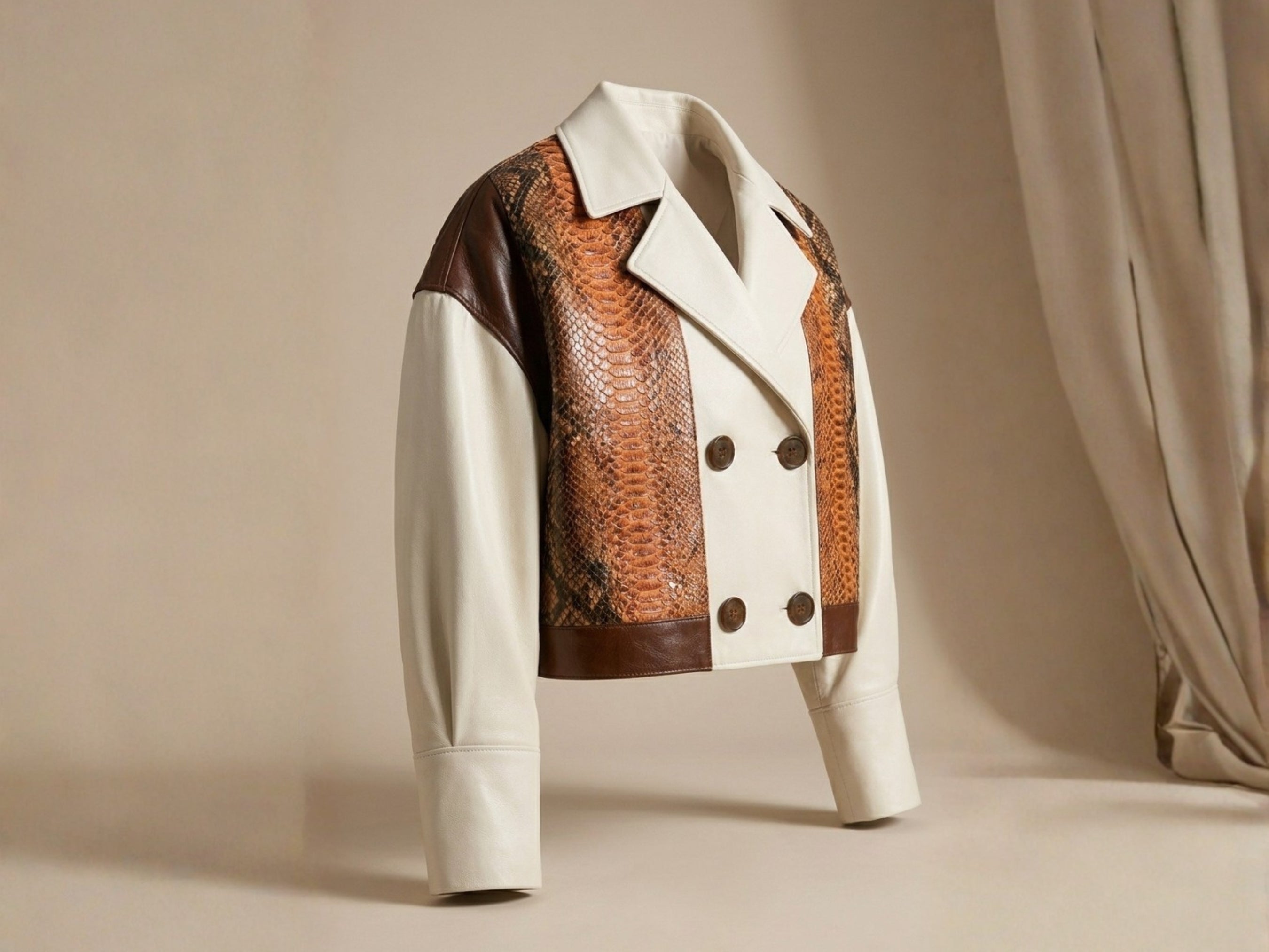 Cropped view of cream-and-cognac double-breasted blazer with snakeskin front panel and buttons