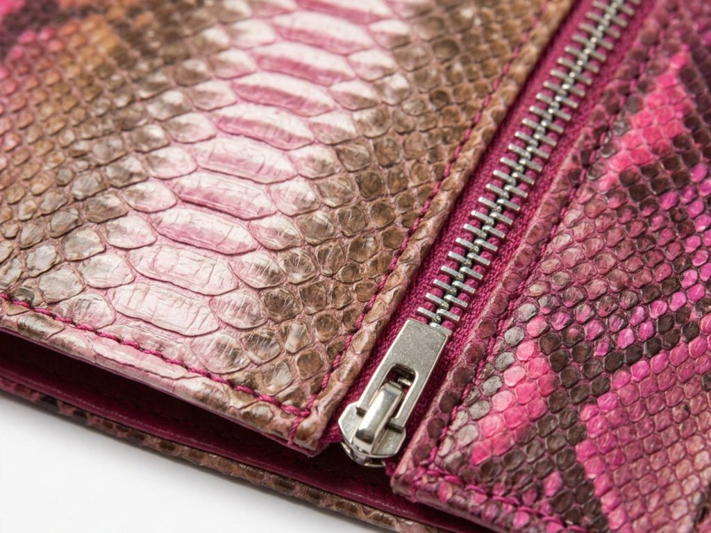 Pink and brown snakeskin leather biker jacket with silver front zipper