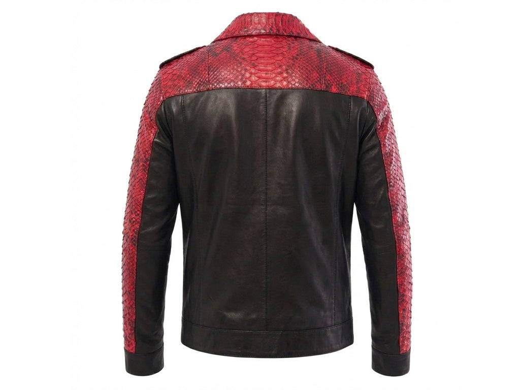 Back view of red snakeskin-style jacket with black leather yoke and full-length sleeves