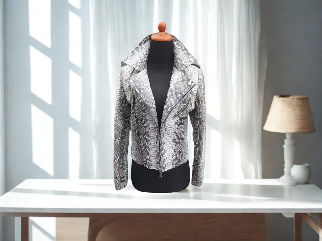 Snakeskin-print biker jacket with wide collar, silver-gray, front view