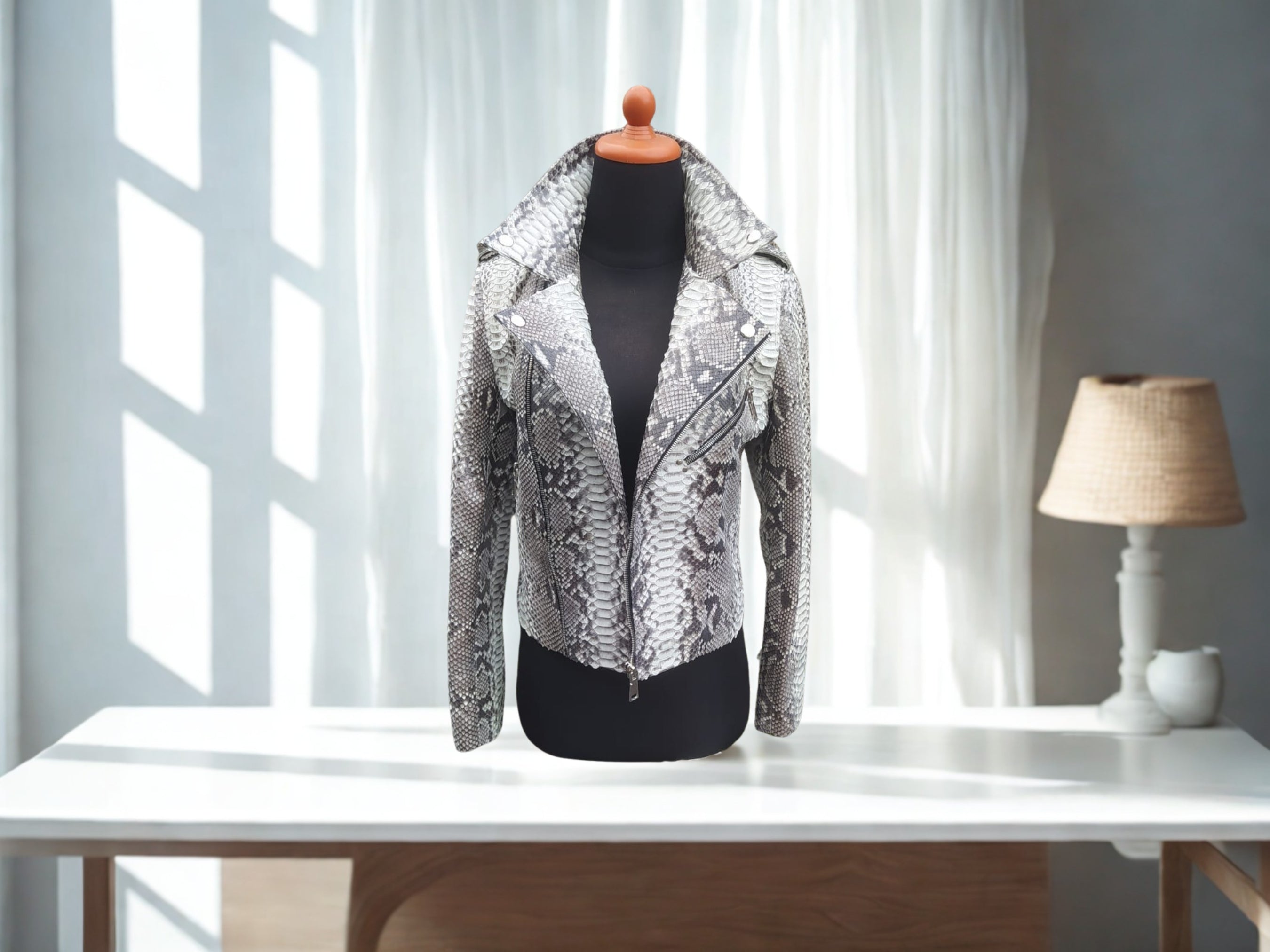Snakeskin-print biker jacket with wide collar, silver-gray, front view