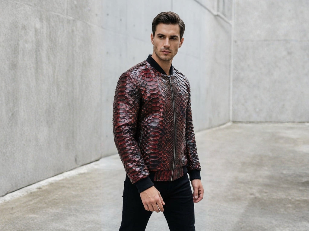 Snakeskin-pattern bomber jacket with stand collar, zip-front, ribbed cuffs and hem