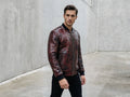 Snakeskin-pattern bomber jacket with stand collar, zip-front, ribbed cuffs and hem