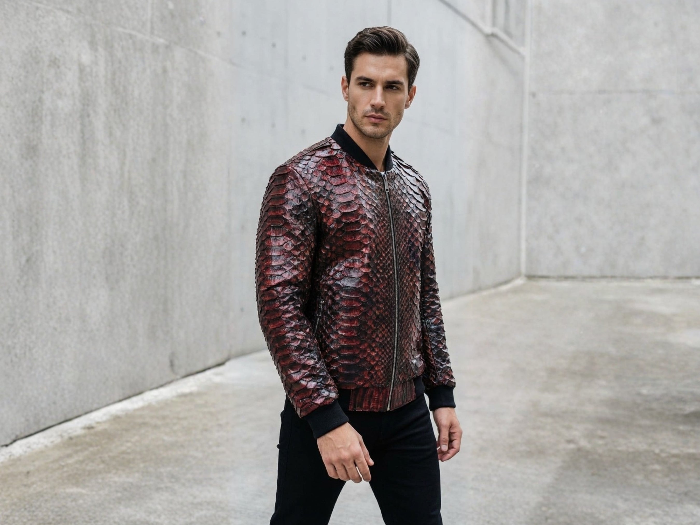 Snakeskin-pattern bomber jacket with stand collar, zip-front, ribbed cuffs and hem