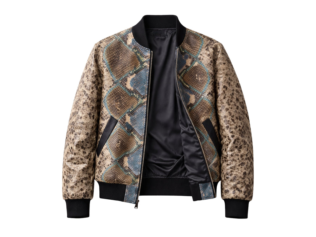 Men’s python snakeskin bomber jacket, front view, zip-up with blue/teal panel design
