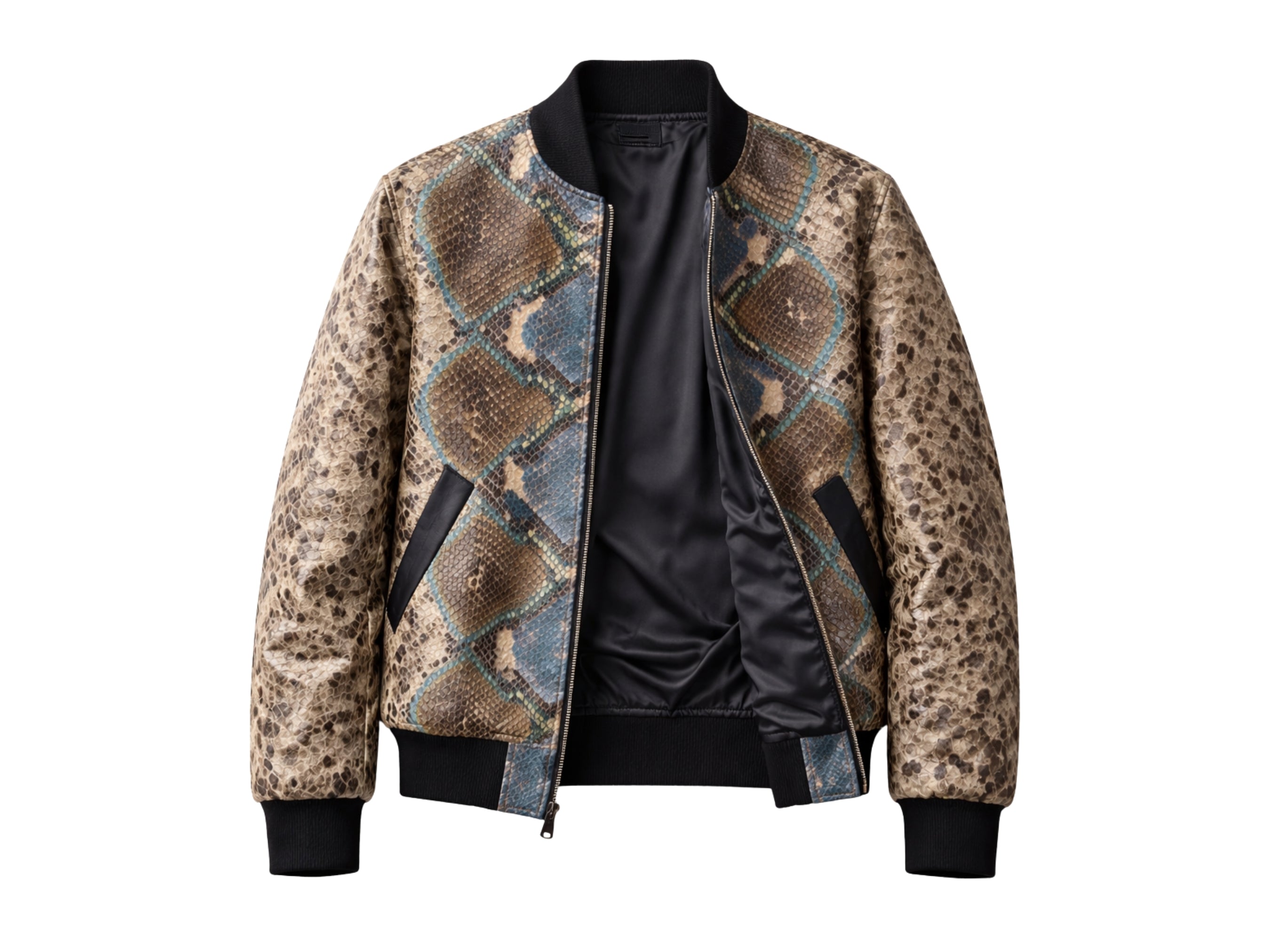 Men’s python snakeskin bomber jacket, front view, zip-up with blue/teal panel design