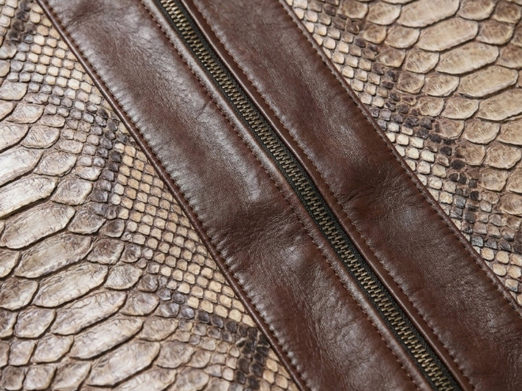 Men's bomber jacket close-up: brown zipper tape and snakeskin-style textured panel.