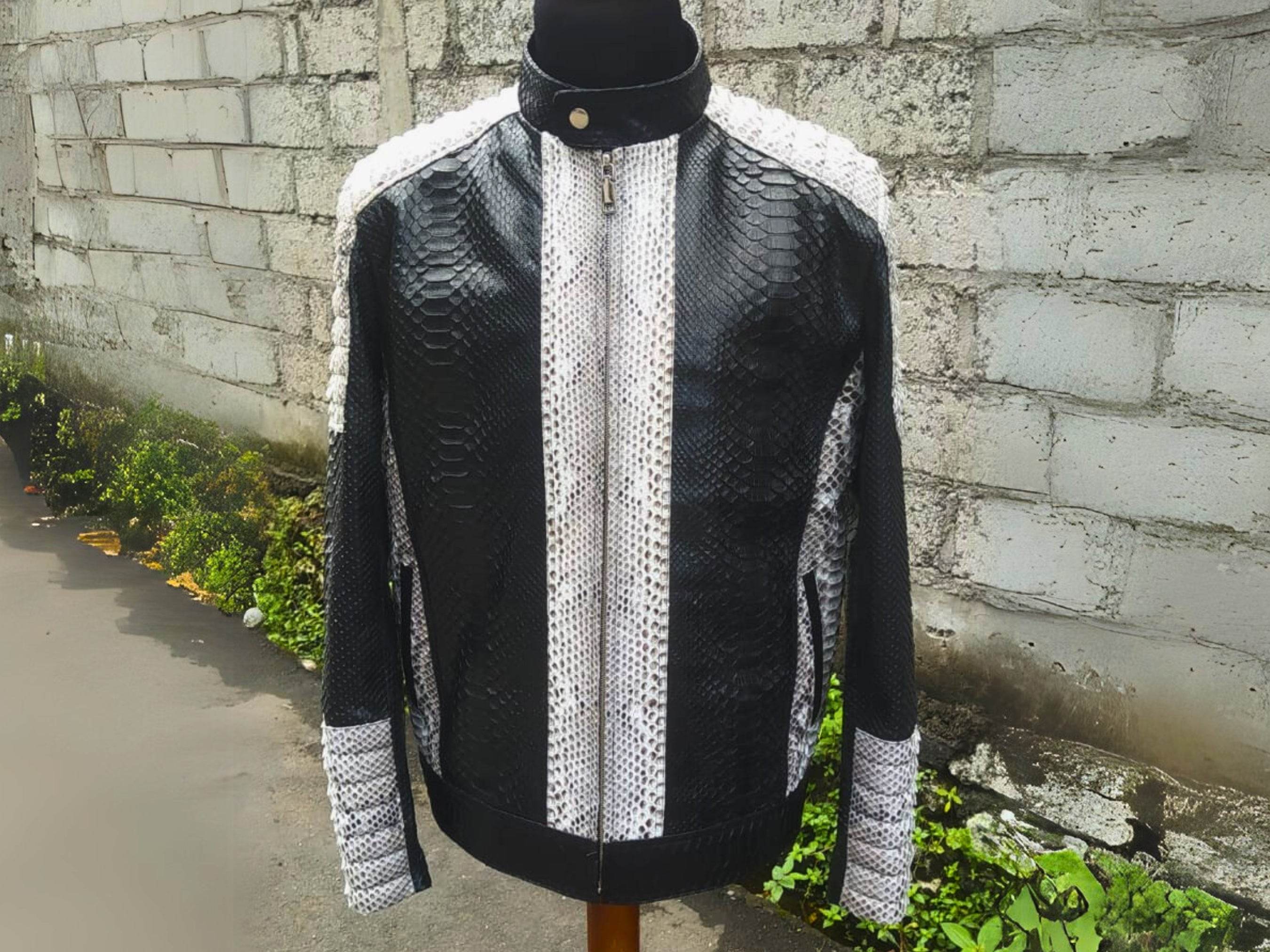 Cafe racer leather jacket with black/white snakeskin panels, zip front, stand collar