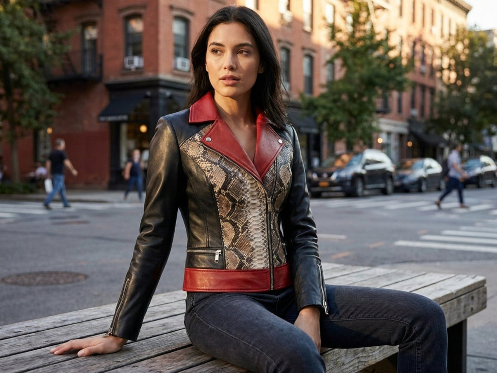 Women’s biker leather jacket with red collar, snakeskin center panel, black leather
