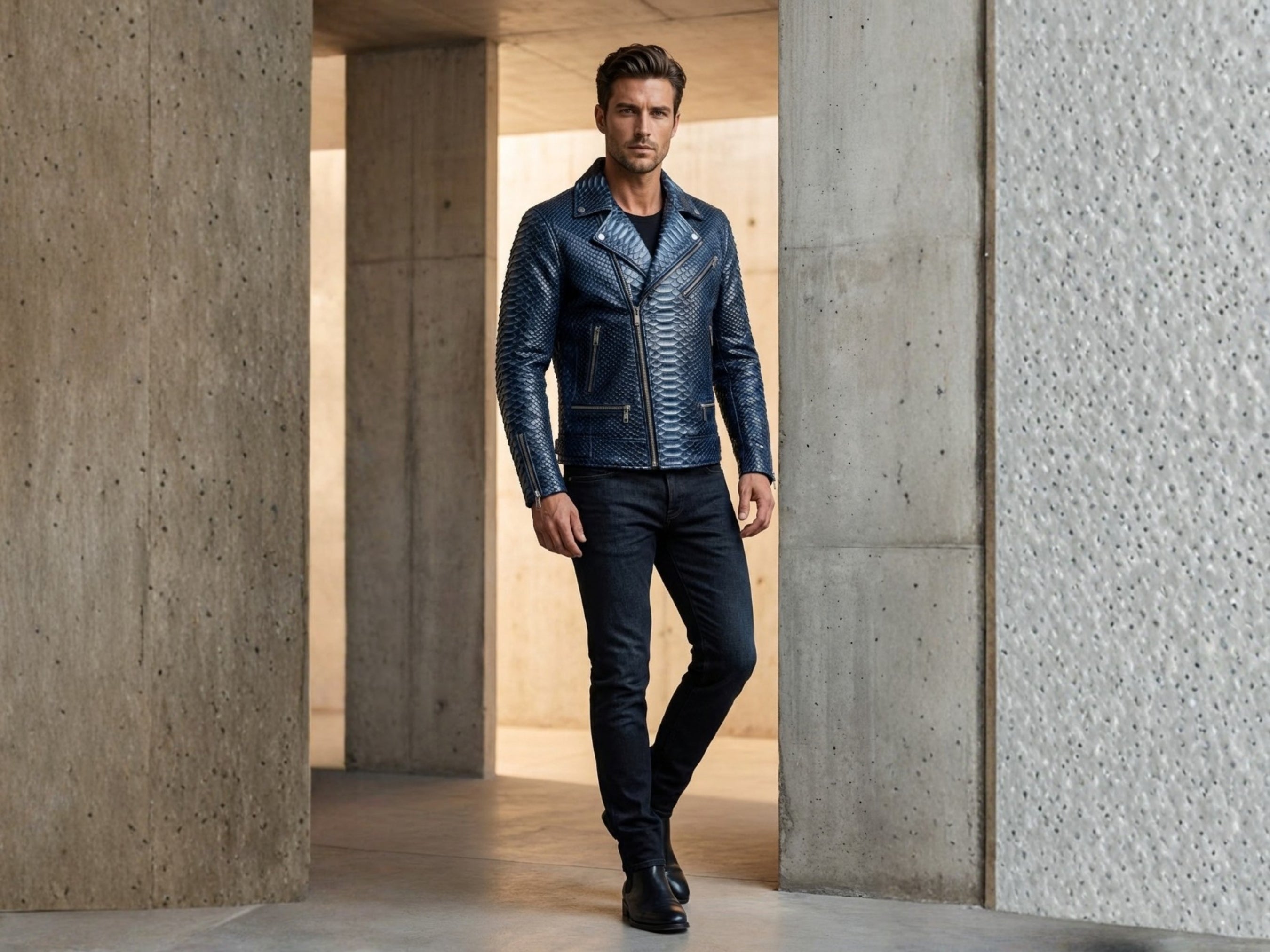 Dark blue python snakeskin biker jacket with stand collar and zip details, full-body view.