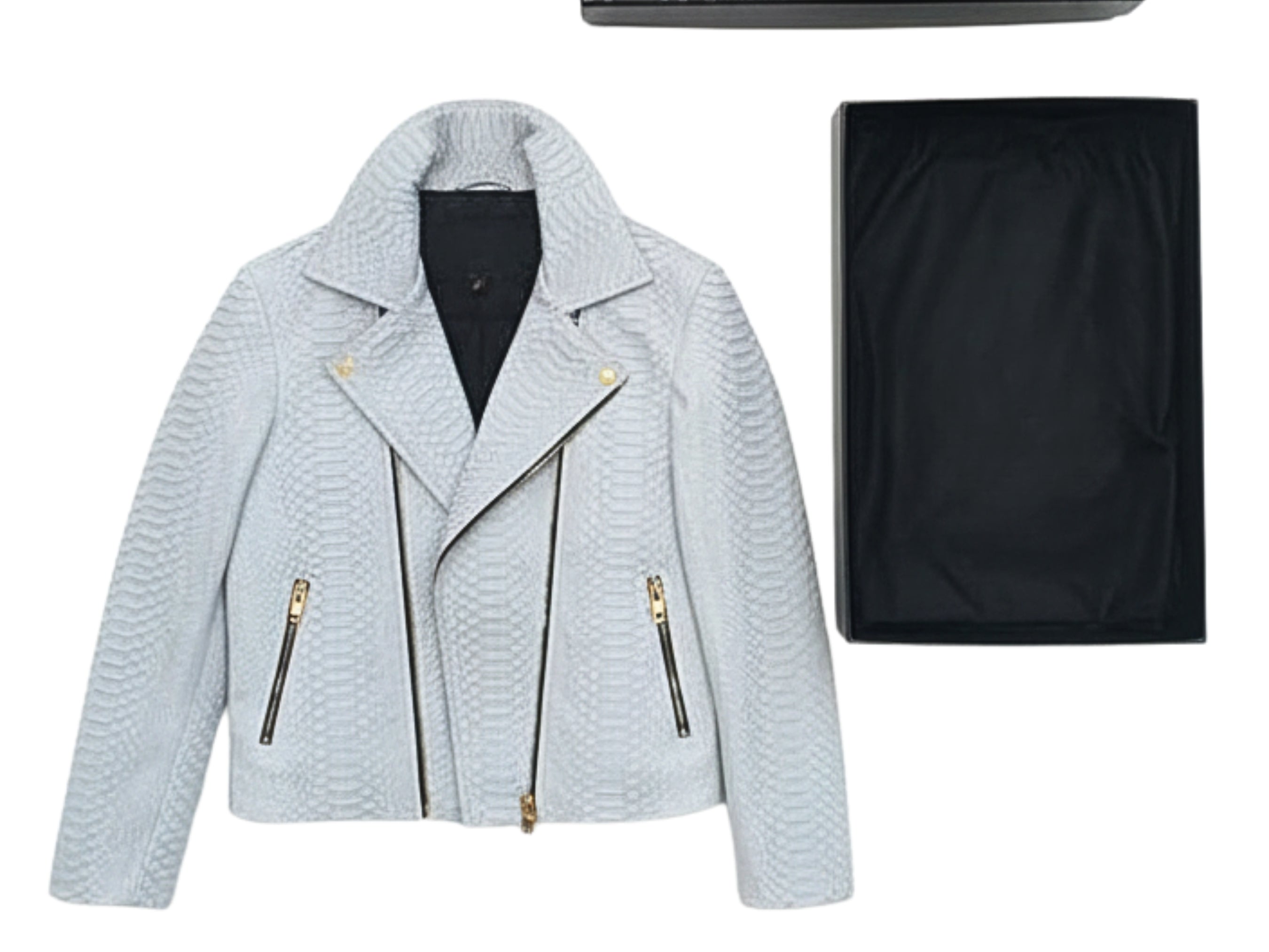 Light blue python-textured biker jacket with gold-tone zippers and stand collar