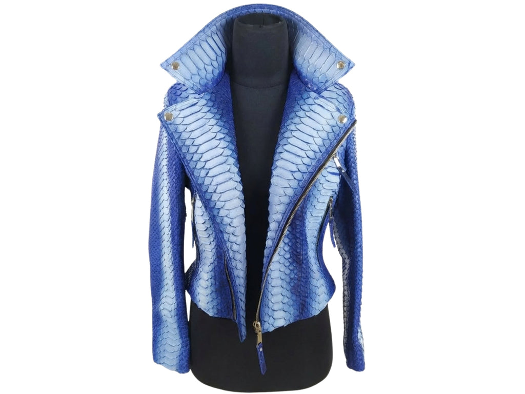 Blue snakeskin-effect biker jacket with notched lapels and asymmetrical zipper front.