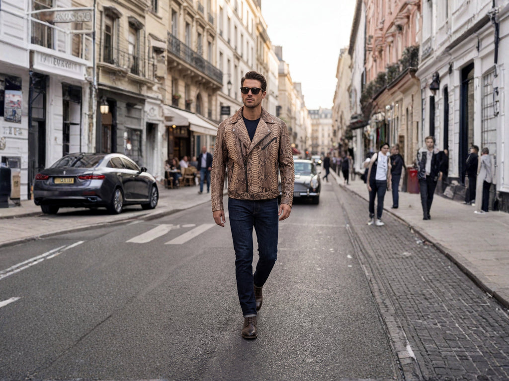 Brown python-effect biker jacket with zip front and standing full-body view
