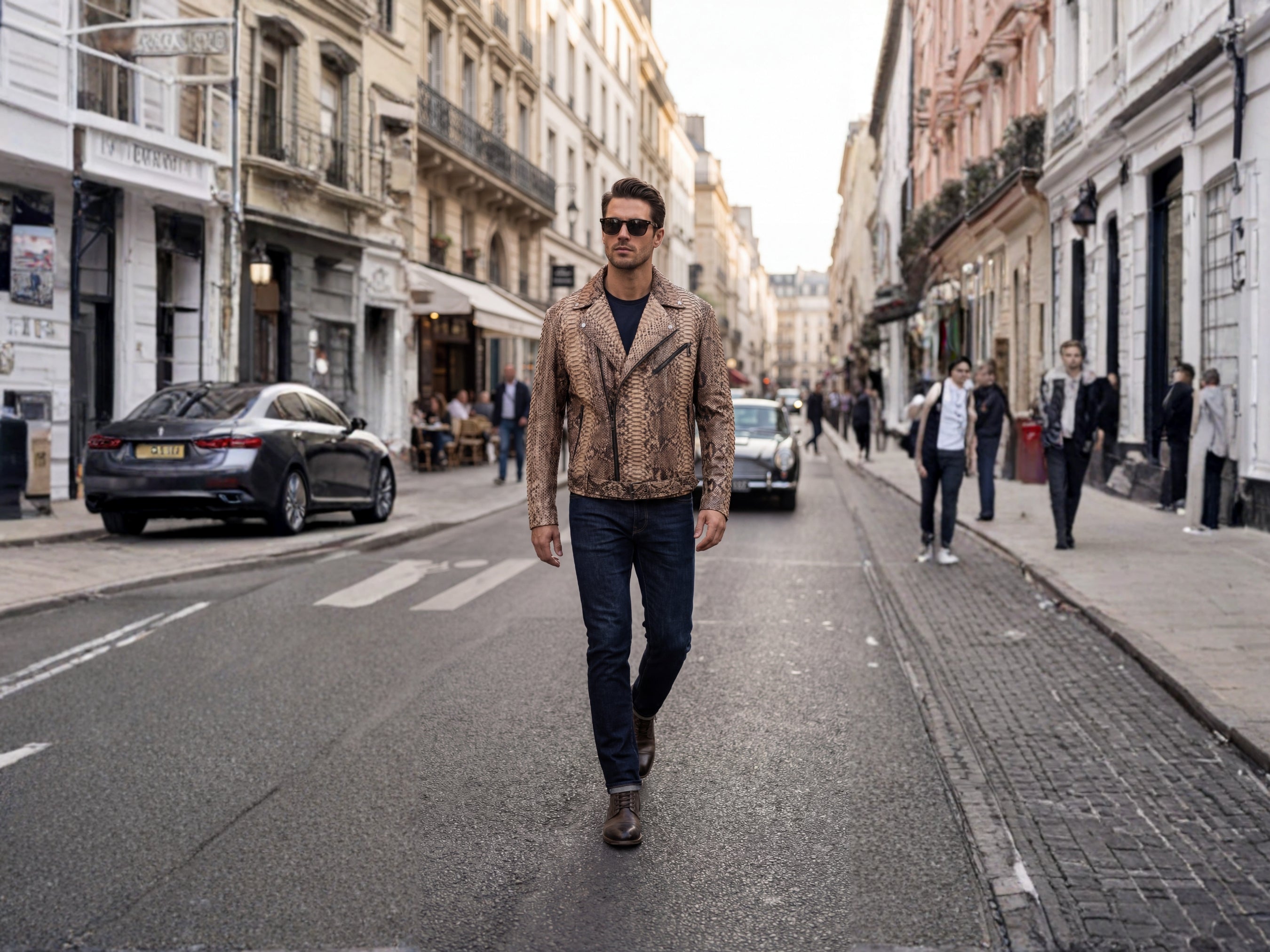 Brown python-effect biker jacket with zip front and standing full-body view