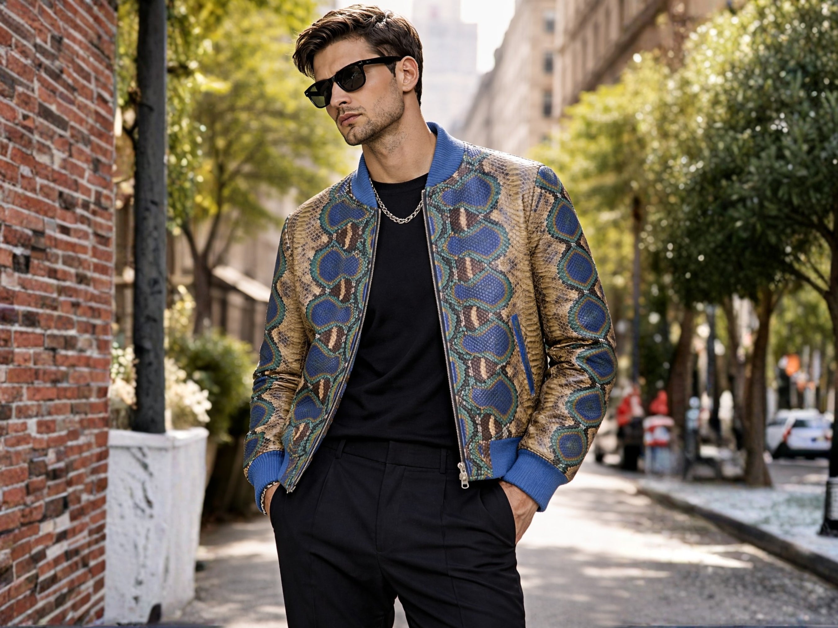Multi-color python snakeskin bomber jacket, blue and tan patterned, front zip and cuffs