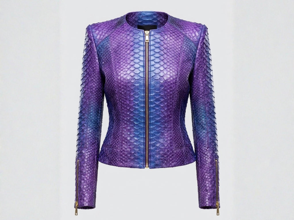 Purple-blue snakeskin jacket, stand collar, front zip, long sleeves