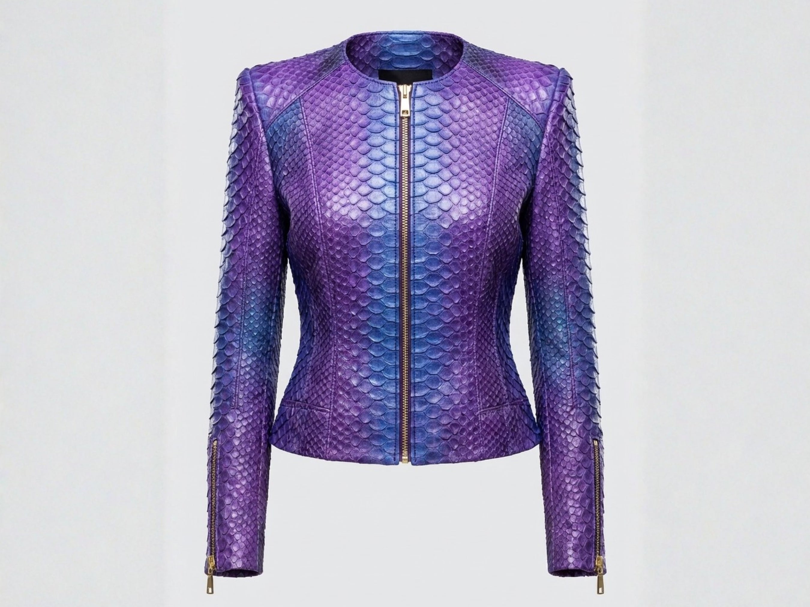 Purple-blue snakeskin jacket, stand collar, front zip, long sleeves