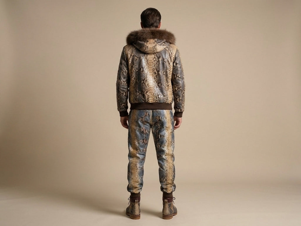 Back view of python snakeskin printed tracksuit with fur-trim hood and matching joggers