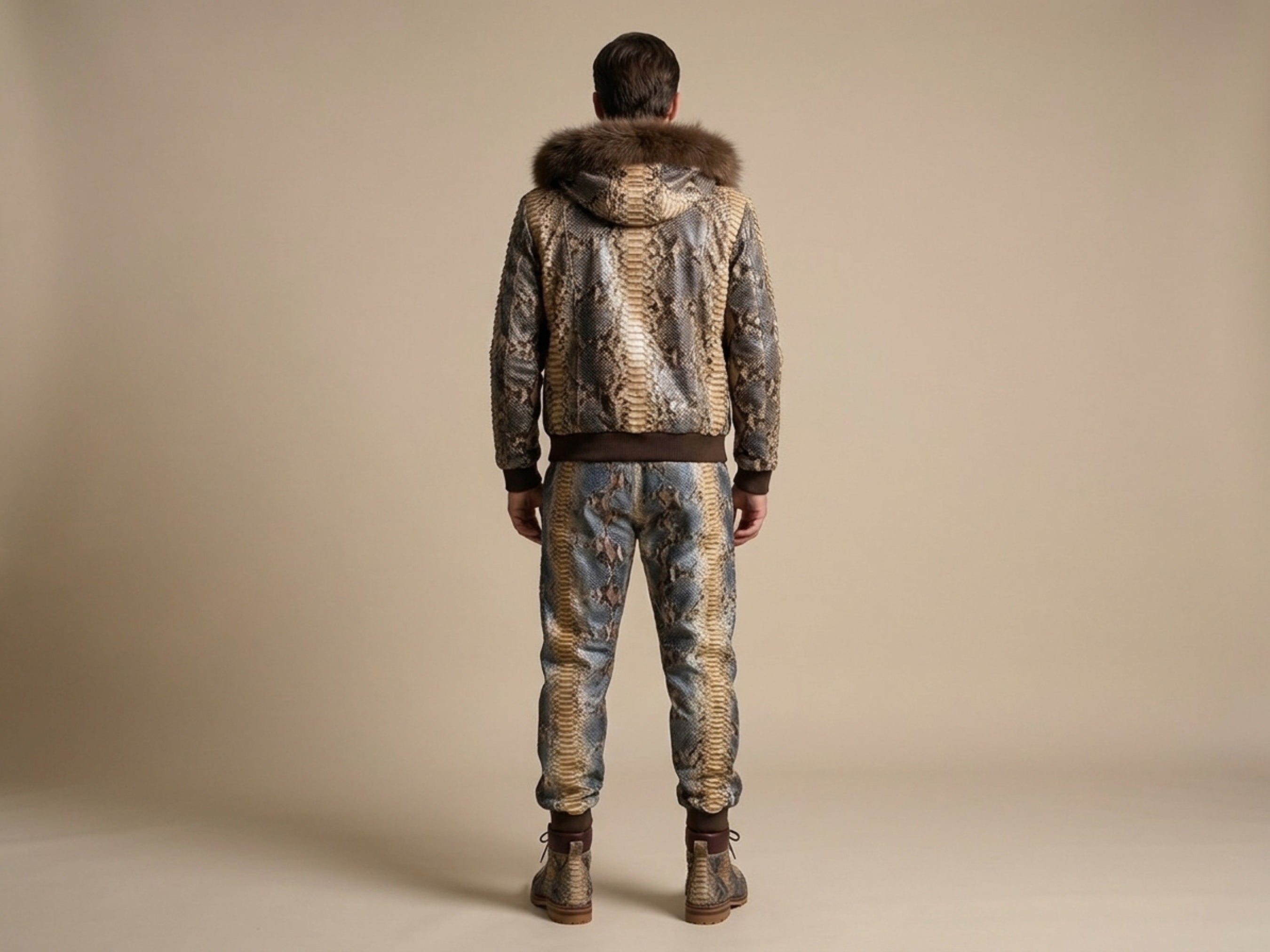 Back view of python snakeskin printed tracksuit with fur-trim hood and matching joggers