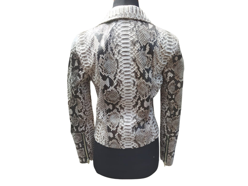 Snakeskin biker jacket with belt accent, silver-gray pattern, stand collar and zip front