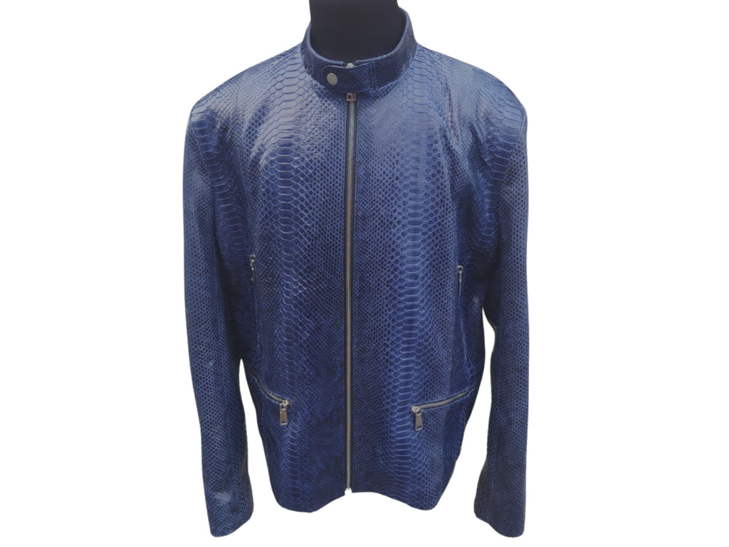Blue snakeskin leather jacket with round collar, front zip, and front chest pockets