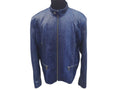Blue snakeskin leather jacket with round collar, front zip, and front chest pockets