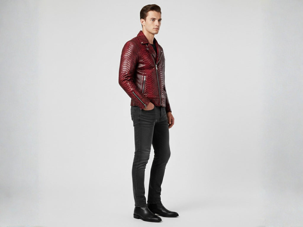 Red python snakeskin biker jacket with asymmetrical zipper and slim fit, full length