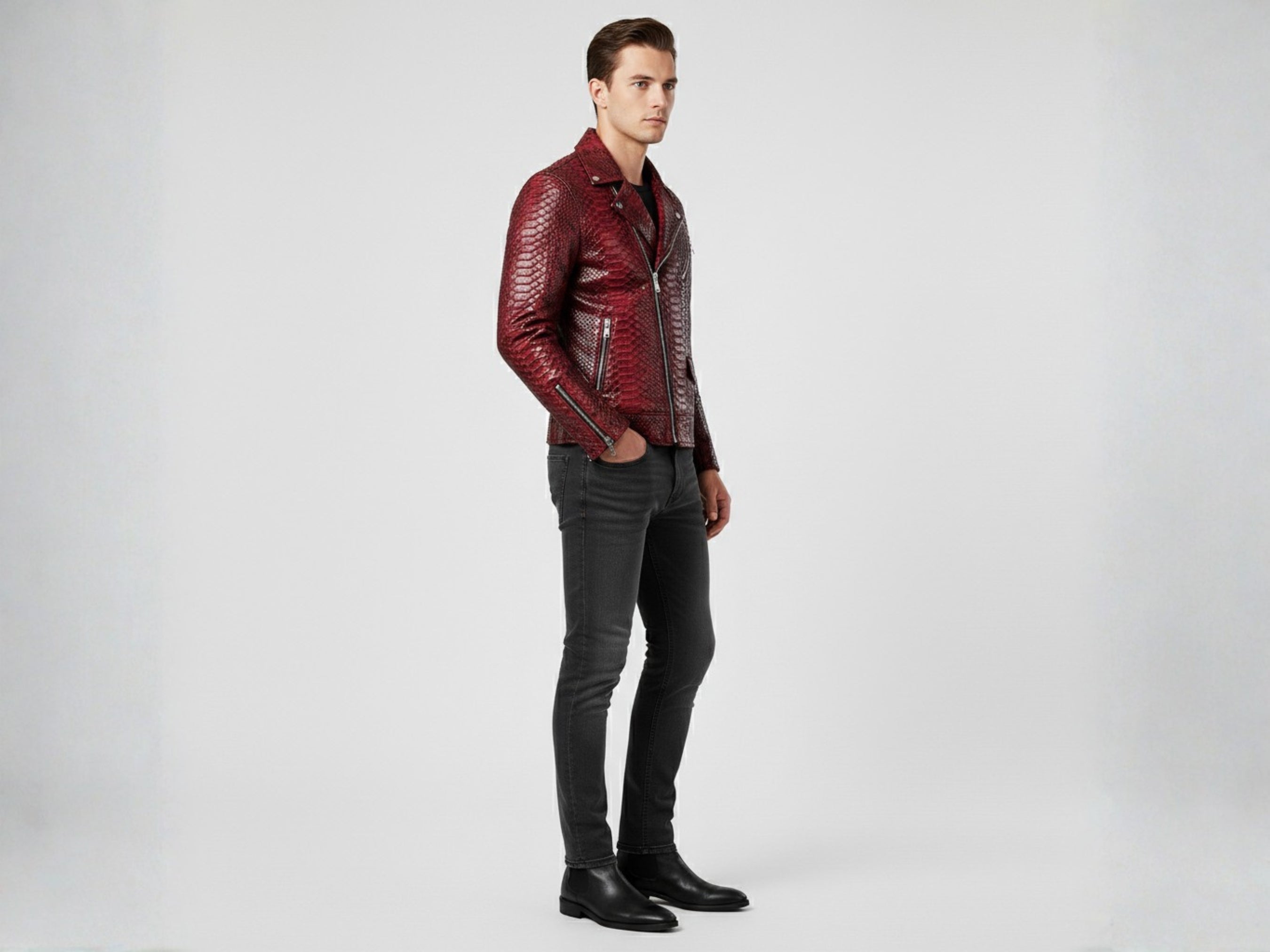 Red python snakeskin biker jacket with asymmetrical zipper and slim fit, full length