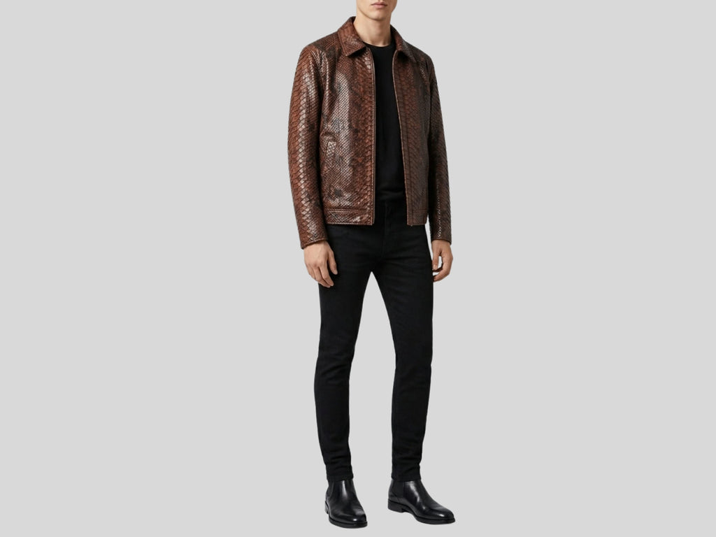 Brown python snakeskin jacket with stand collar and zip-front, long sleeves