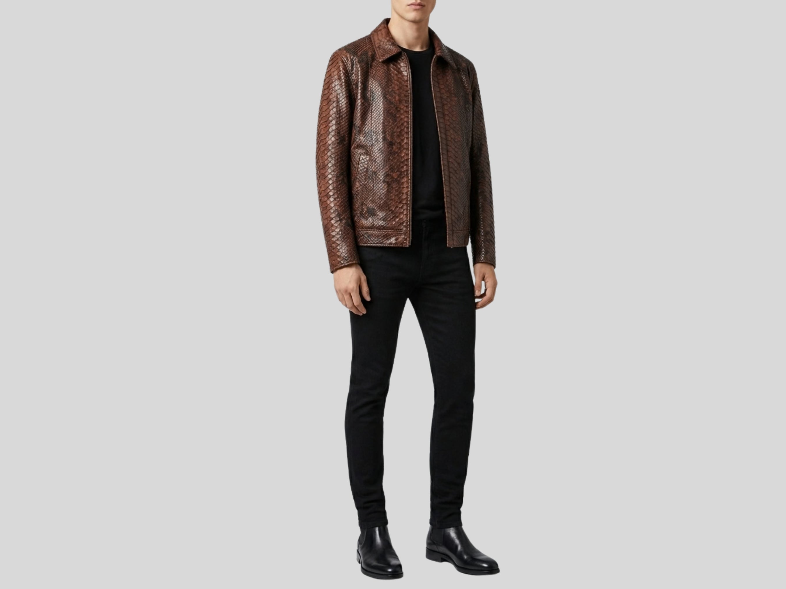 Brown python snakeskin jacket with stand collar and zip-front, long sleeves