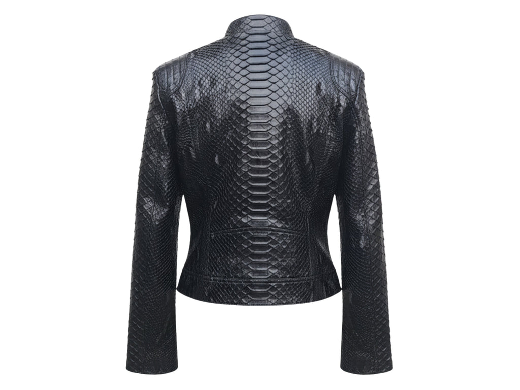 Black snakeskin leather jacket back view with stand collar