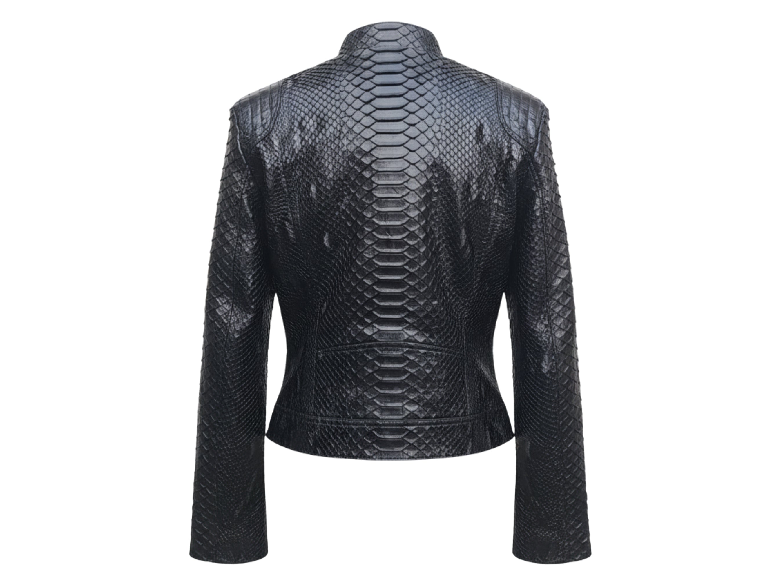 Black snakeskin leather jacket back view with stand collar