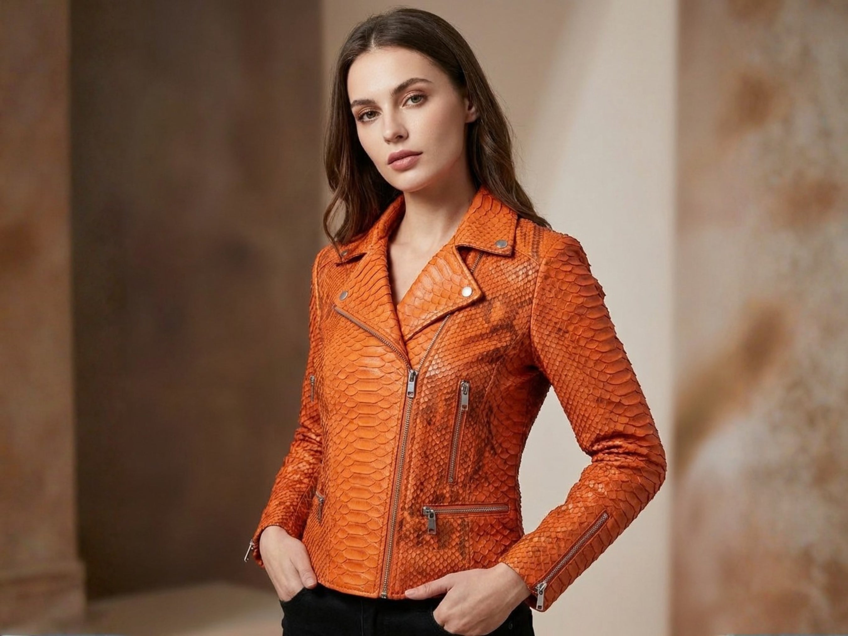 Burnt orange snakeskin-texture leather biker jacket, front zip, button collar, side zip pockets